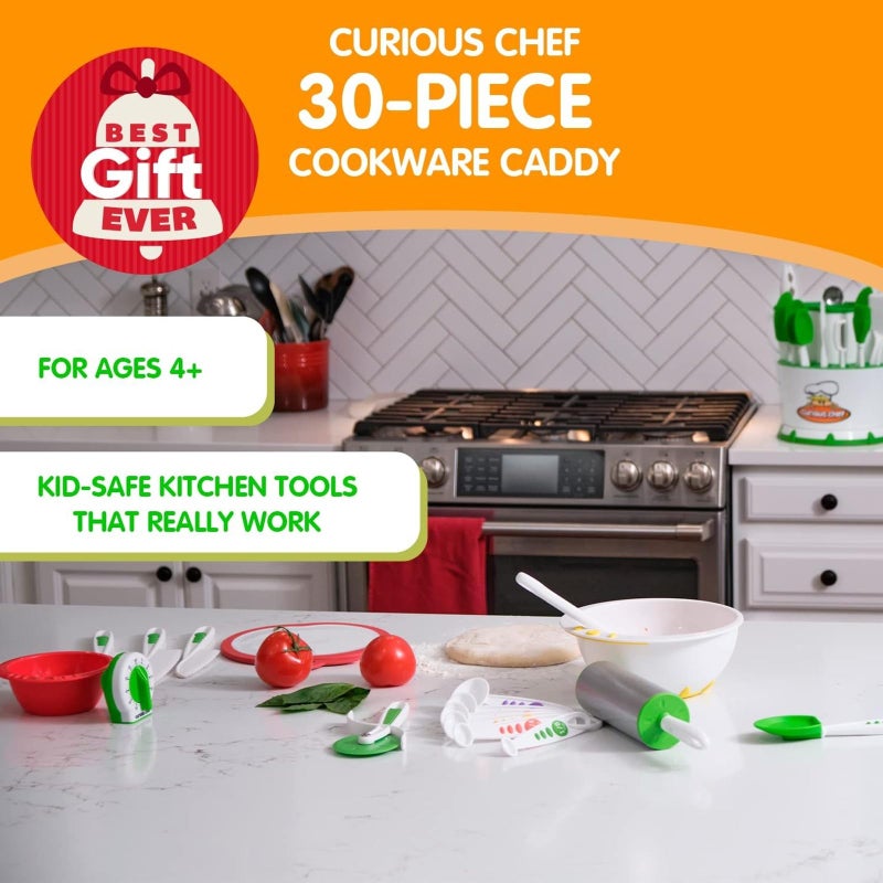 Curious Chef Kids Cooking Utensil Caddy - Durable Dishwasher-Safe & Kid-Safe Utensils - Real Baking Supplies & Kitchen Tools for Budding Chefs - Complete Cooking Tool Set - White/Green, 30 Piece Set - Image 2